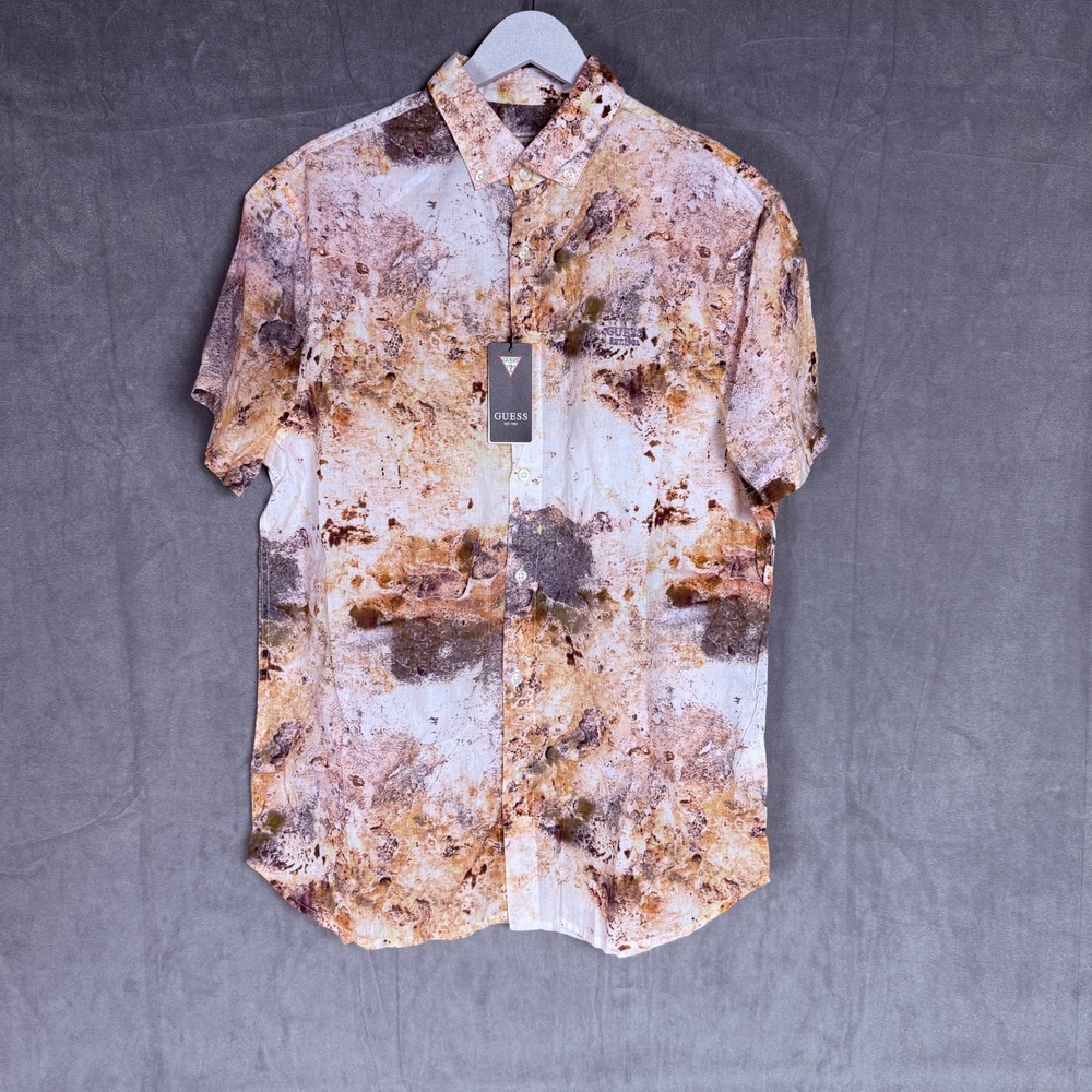 Guess Collins Multi Watercolor Print Shirt Mens Organic Cotton Vacation Beach L‎